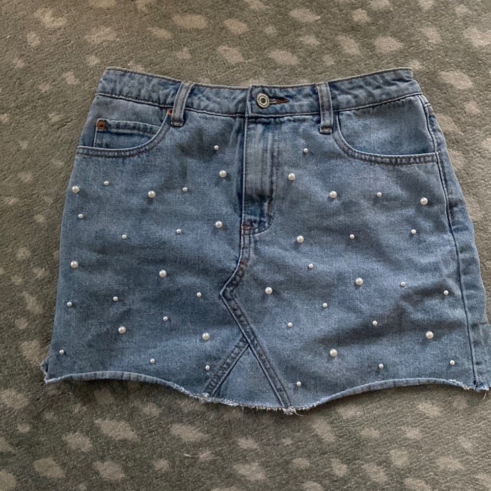 NFS Denim skirt frayed hem Pearl embellished Medium Sunset & Spring mini skirt